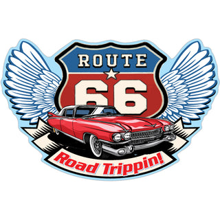 Route 66   Red Car Wings Shield Sticker
