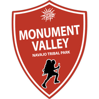 Monument Valley Red Hiker Silhouette Shield Sticker