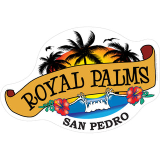 OK4 Royal Palms  San Pedro Scroll Banner With Wave & Palm Trees (00106) Sticker