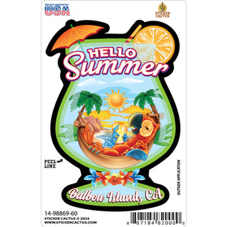 Balboa Island CA Hello Summer Parrot in Hammock Tropical Drink Sticker