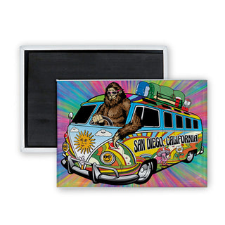 San Diego  California   Bigfoot Driving Hippie Van Bus Rectangle Badge Magnet