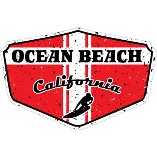 Ocean Beach  CA   Red Distressed Surfer Shield Sticker