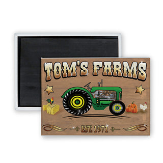 Tractor Bales and Pumpkins   Toms Farms Sign with Tractor Bales  Pumpkins and Chickens Rectangle Badge Magnet