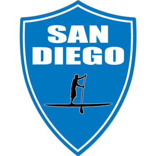 San Diego Sand Up Paddle Board on Blue Vertical Shield Sticker