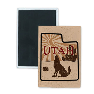Utah   State Shape Tan with Coyote  Cactus  and Sun Rectangle Badge Magnet