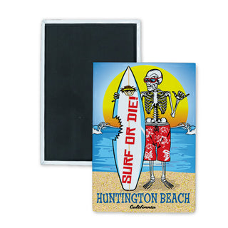 Huntington Beach  California Surf Or Die Skeleton Vertical Rectangle Badge Magnet