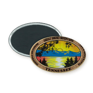 Great Smoky Mountains   Retro Lake Scene Oval Badge Magnet