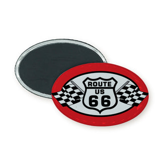 Route 66   Shield and Checker Flags Oval Badge Magnet