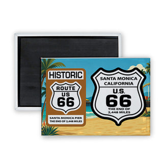 Santa Monica  California   Route 66 Historic Brown Sign & Black White Shield Rectangle Badge Magnet