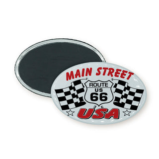 Route 66 Checkered Flag Oval Badge Magnet