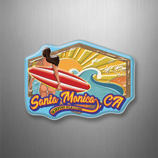 Santa Monica  CA Surfer Girl Wood Frame Plastic Magnet 3D Magnet