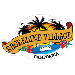 Shoreline Village California   Wave & Palm Trees Scroll Banner Sticker