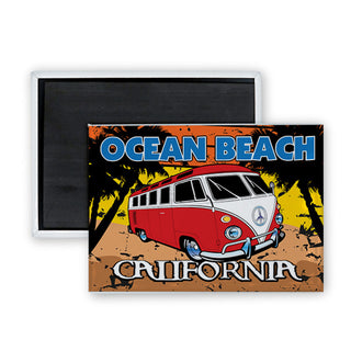 Ocean Beach  California   Red Bus Corner View Rectangle Badge Magnet