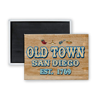 Old Town San Diego   Wood Icon Sign with chili pepper  hat  guitar Rectangle Badge Magnet