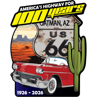 Oatman  AZ   Vintage Red Chevy with Rusty Shield Sticker