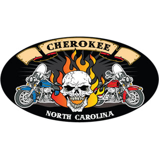Cherokee NC  Skull Flames Motorcycle Oval Sticker