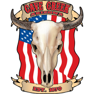 Cave Creek  Arizona est. 1870   Flag Steer Skull Sticker