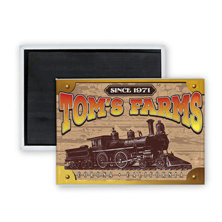Toms Farms   Wood Sign with Train Rectangle Badge Magnet