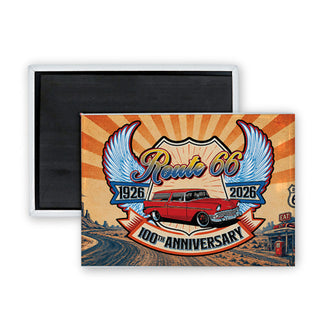 Route 66   Shield Red Car Wings Centennial Rectangle Badge Magnet