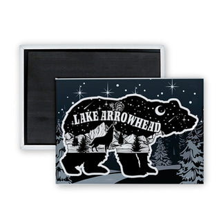Lake Arrowhead   Bear with Mountain Night Scene inside Rectangle Badge Magnet